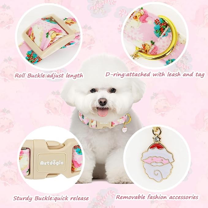 Christmas Dog Collar for Extra Small Dogs, Adjustable Poly-Cotton Fabric Collar with Santa Pattern, Cute Pink Dog Collar for Dogs, Small Dog Collars Girls Dog Collars