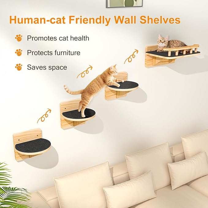 XiaZ Cat Wall Shelves, Cat Wide Climber Shelf with 3 Perch Steps, Kitty Wall Mounted Wooden Furniture up to 25lbs, Durable Floating Cats Stairs for Indoor Sleeping, Playing, Climbing and Lounging