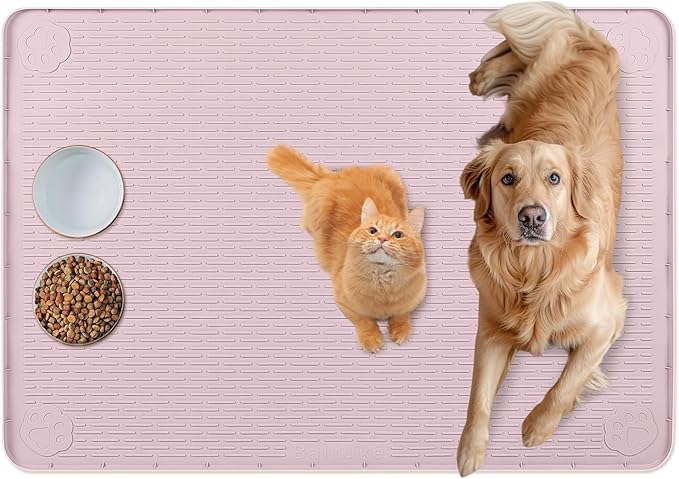 Cat Food Mat, 34" x 22" Large Silicone Pet Feeding Mat for Food and Water Bowls Non-Slip, Easy to Clean (Pink)