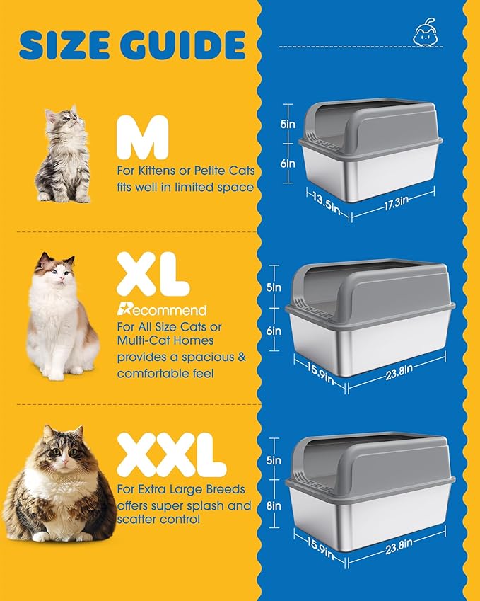 Stainless Steel Cat Litter Box, Metal Litter Box with Scoop, High- Sided, Anti-Leakage Top Entry, Non-Sticky, Easy to Clean, Grey, M (1 Pack)