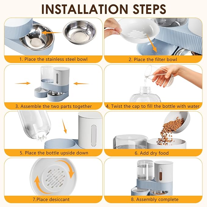 Automatic Gravity Cat Dog Feeder and Water Dispenser with 304 Stainless Steel Bowls 2 in 1 360 Degree Rotatable Auto 2.4L Dry Food and 2.6L Water Bowl for Small Medium Pet Dog Puppy Kitten (Blue)