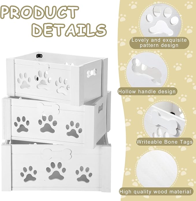 3 Pack Dog Toy Bin Wood Large Dog Toy Basket with Handle and Bone Tags Multi-size Hollow Claw White Wooden Storage Crates for Chew Pets Blankets Food Leash Display Accessories