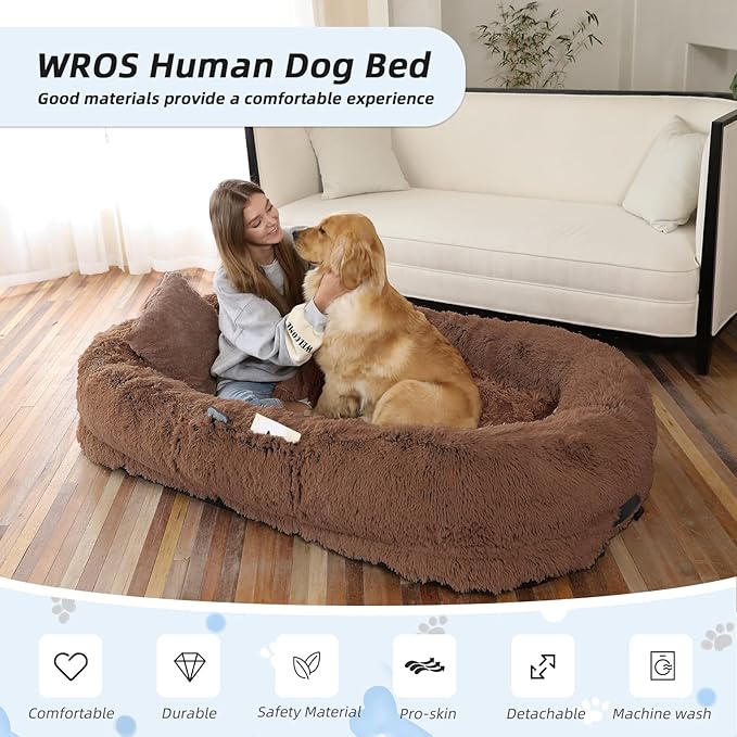 Human Dog Bed, 71''x45''x12'' Size Fits You and Pets, Washable Faux Fur Pet Bed for People Doze Off, Napping Orthopedic Dog Bed, Present Plump Pillow, Blanket, Strap - Coffee