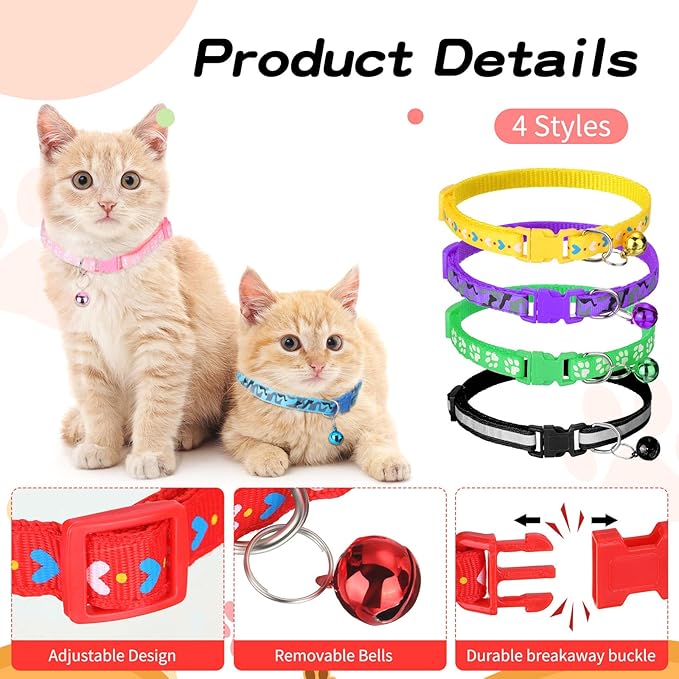 Yunsailing 24 Pcs Cat Collars with Bells for Litter Cat Puppy Soft Nylon Whelping Adjustable Reflective Kitten Collars for Newborn Pets Dogs Kitten, Assorted Colors