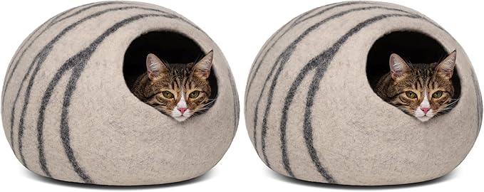MEOWFIA Cat Cave – Premium Felt Cat Bed for Indoor Cats, Handmade 100% Merino Wool (Light Grey, Medium) (Pack of 2)