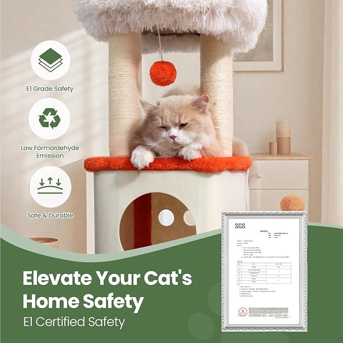 37.4-inch Cat Tree, Cat Tree Tower with Twin Cat Condos for Indoor Cats, Plush Cat House with Padded Perch, Scratching Ladder and Posts and Plush Balls for Kitty Play, Orange
