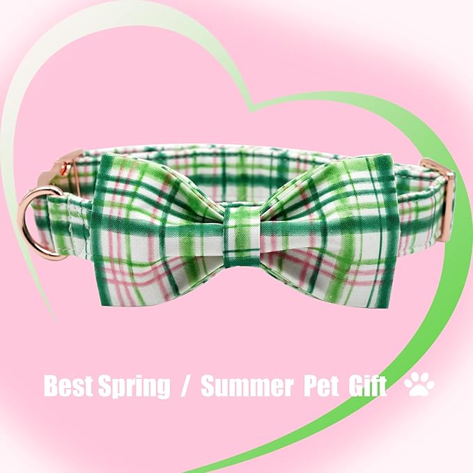 Elegant Little Tail Dog Collar with Bow - Pink with Green Plaid Cute Bowtie Adjustable Collar for Small Puppy