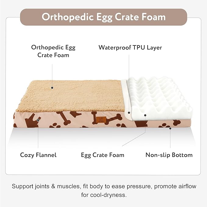 Waterproof Orthopedic Dog Bed for Extra Large Dogs 41x27x4 Inch - Egg Crate Foam Pet Crate Bed with Removable Washable Cover, Plush Top Anti-Slip Bed Mat, Beige