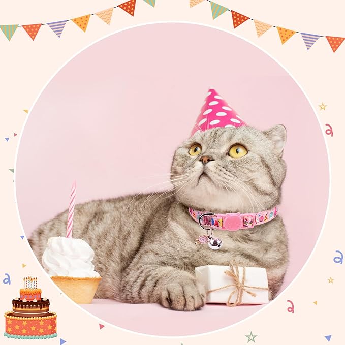 SCENEREAL Birthday Cat Collars Breakaway with Bells, 3 Pack Adjustable Cat Collars for Boy and Girl, Cute Cat Collar for Kitten Cats, Birthday Collar with Cake and Donut Jewelry