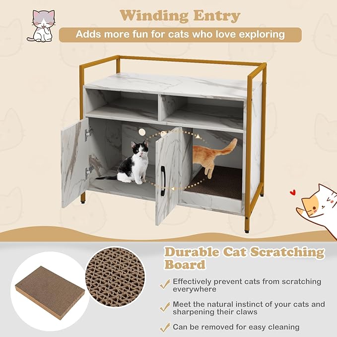 Giantex Cat Litter Box Enclosure - Cat Washroom Hidden Furniture with Front Entry, Scratcher, 2-Door Storage Cabinet, 2 Compartments, Air Vents, Metal Frame, Wooden Pet Crate House (Marble White)