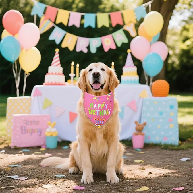 Dog Birthday Bandana Girl for Medium Large Dogs, Reversible 2 Patterns in 1, Pink Confetti Scarf, Happy Birthday Party Outfit Puppy Gift (14-18" Neck)