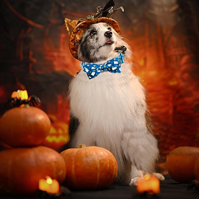 Halloween Dog Collar, Ghost Print Adjustable Pet Collar Blue Cute Cotton Soft Collars with Bow Tie Fall Metal Buckle Holiday Puppy Collars Boy&Girl Gift for X-Large Dogs