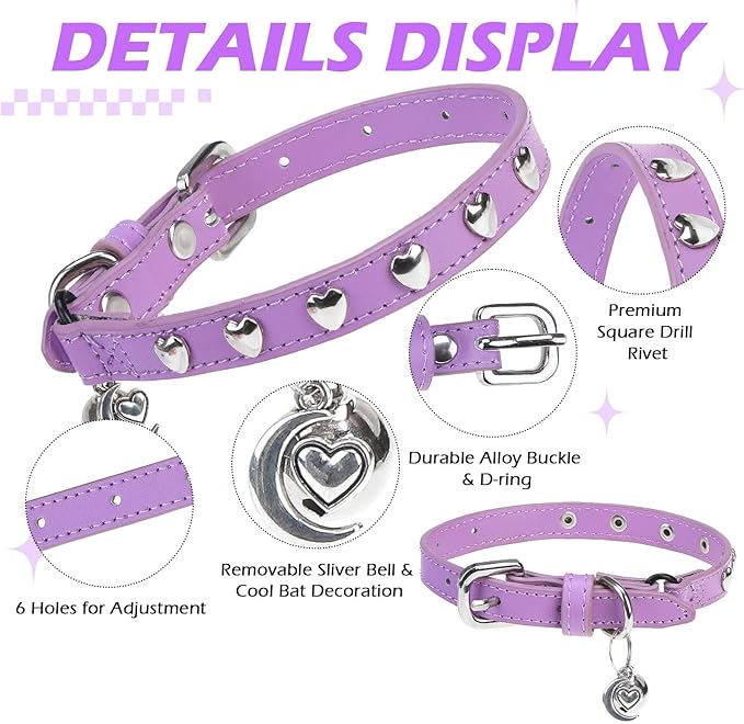 EXPAWLORER Leather Cat Collar for Girl Boy- Adjustable Pet Collar with Safety Elastic Belt,Personalized Heart Accessories Buckle Collars with Bell & Durable D-Ring,Heart (Purple)