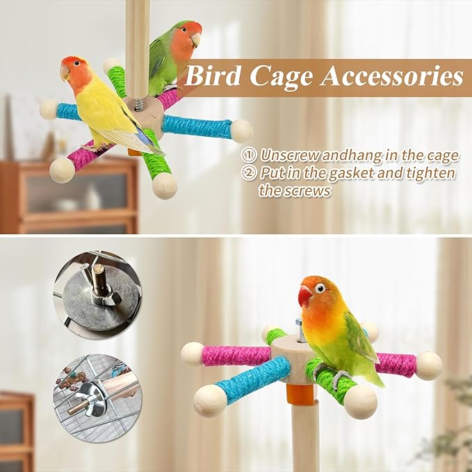 Bird Perch Toy for Cage,Spinning Windmill Bird Perch Toy,360° Rotating Chewable Stand with Grinding Sticks,Interactive Cage/Tabletop Training Toy for Parakeets,Cockatiels,Lovebirds (Mixcolor, Round)