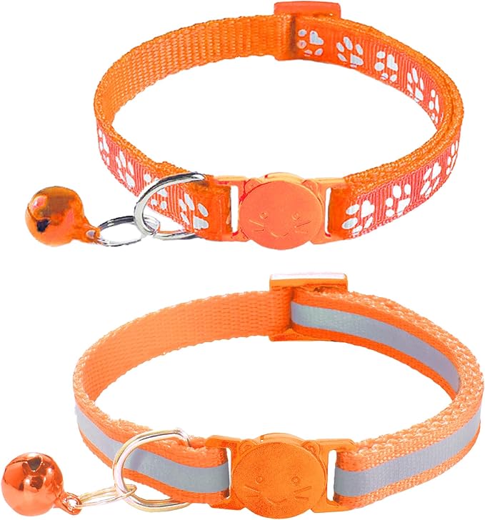 2 Pack Breakaway Cat Collars with Bells, Reflective Design and Claw Print Design, Safety Buckle, Adjustable 7.5-12.5 Inches for Kittens & Cats (Orange)