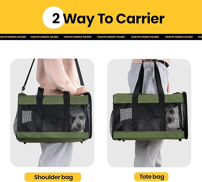Cat Carrier Airline Approved, Soft-Sided Dog Carrier with Inner Safety Leash, Pet Transport Carrier for Small-Medium Cats Puppies up to 15 Lbs, Collapsible Travel Kitten Carrier Bag -Green M