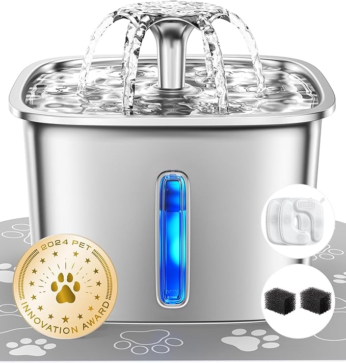 Veken Innovation Award Winner Stainless Steel Cat Water Fountain, 95oz/2.8L Automatic Pet Fountain Dog Water Dispenser with Replacement Filters & Silicone Mat, Gifts for Cats, Dogs (Silver)