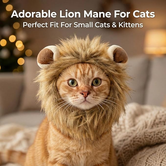 Adjustable Lion Mane Wig Pet Costume, Soft Halloween Cat Clothing with Secure Fit, Comfortable Feline Apparel for Parties, Fun Photo Sessions with Adorable Cat Costumes (Size M)