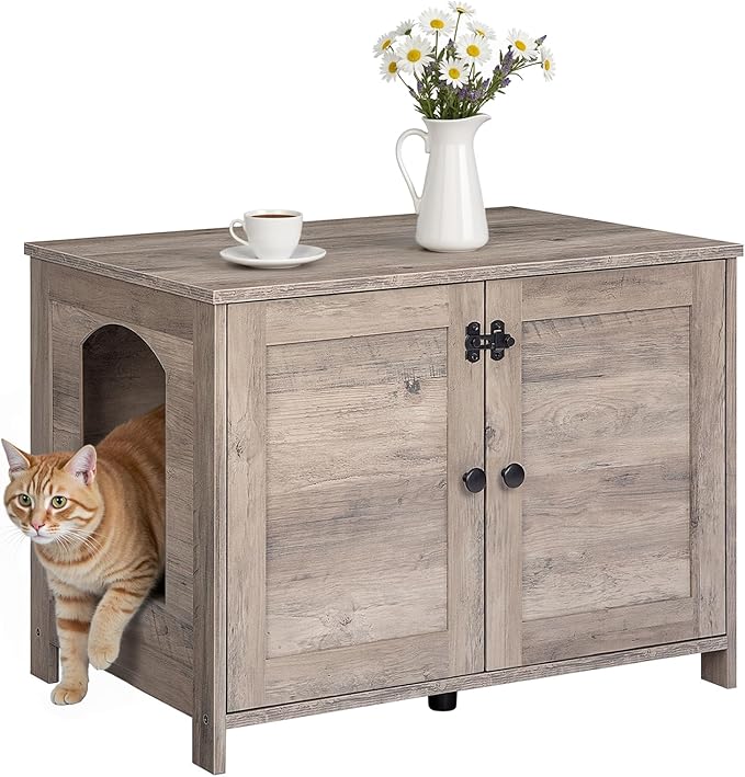 HOOBRO Litter Box Enclosure, Cat Litter Box Furniture with Removable Divider, Large Hidden Litter Box Furniture, Wooden Cat House, End Side Table, 31" L x 17.5" W x 19.7" H, Greige BG03MW01G2
