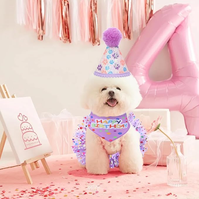 Dog Birthday Bandana with Hat and Dress Girl Set Puppy Birthday Party Supplies Cute Tutu Skirt Outfit for Small Medium Large Dogs Decorations(Purple) (Light Purple)