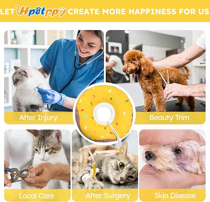 Cat Cone Collar Soft, Waterproof Cat Recovery Collars Spay Cones to Stop Licking Cute Donut E Collar After Surgery Anti-Lick Wound Healing Safety Elizabethan Collar for Kittens (Donut Yellow, Medium)