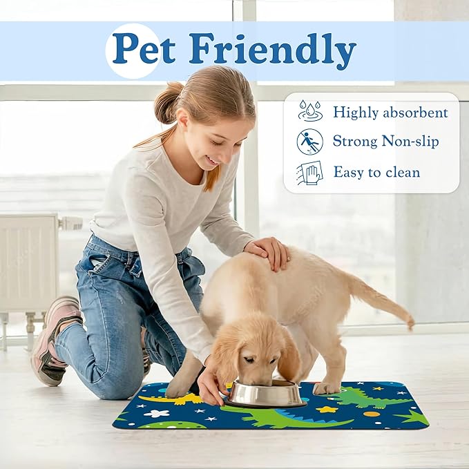 Cartoon Dino Pet Feeding Mat–Christmas Stocking Quick Dry Absorbent Dog Cat Food Mat, Non Slip Waterproof Bowl Placemat for Messy Eaters, Pet Accessories for Floors 12"x20"
