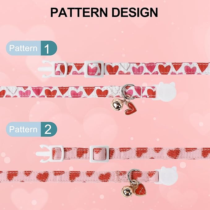 Lionet Paws 2pcs Pack Valentine's Day Cotton Cat Collar,Breakaway Buckle with Pink Red Heart Cute Adjustable Cat Kitten Collar,Ideal for Girl Cats