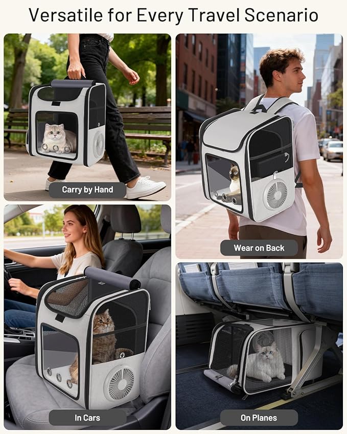 Cat Backpack Carrier with Built-in Cooling Fan & Heating Pad, Expandable Pet Backpack for Cats and Small Dogs up to 16 lbs, Ventilated Travel Carrier for Hiking, Walking & Outdoor, Grey