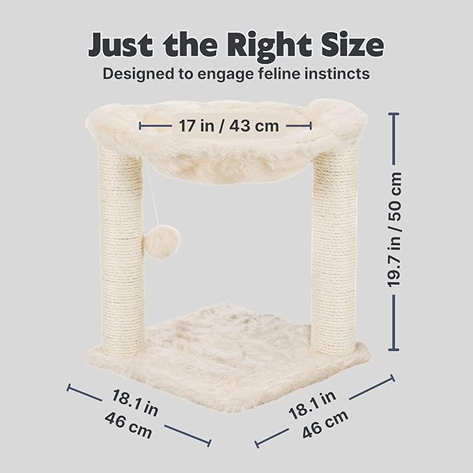 TRIXIE Baza XXL Cat Scratching Posts, Indoor Cat Furniture with Plush Hammock, Jute Scratcher Posts and Dangling Toy Ball, 18.1" L x 18.1" W x 19.7" H, Cream