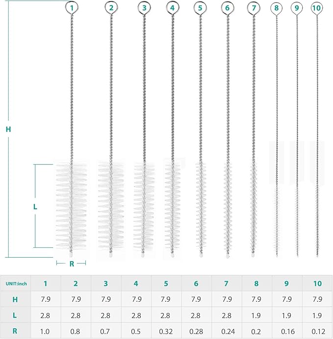CiaraQ Bottle Cleaning Brushes, 8 Inch Nylon Tube Brush Set, Cleaner for Narrow Neck Bottles Cups with Hook, Set of 10pcs.