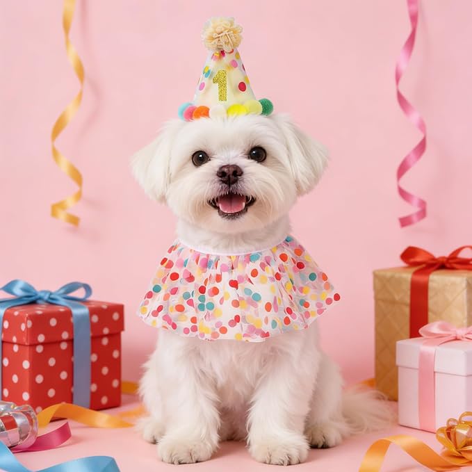 SCENEREAL Cat Birthday Hat & Scarf Costume Set, Pet Birthday Party Supplies - Kitten Bandana Bib Holiday Outfit Decorations Accessories for Big Cats Puppy Small Dogs Pet Animals