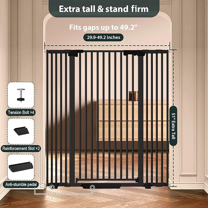 51'' Extra Tall Cat Gate 30-49.2'' Wide for Doorways Hallways, Pressure Mounted Pet Barrier Dog Gates No Drilling Auto Close, Cat Fence Indoor Climb Proof (Black)