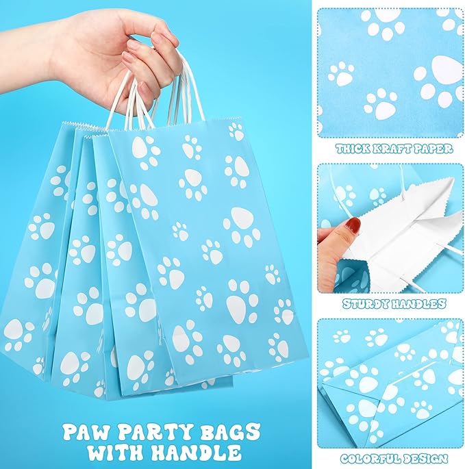 Blulu 20 Pcs Puppy Dog Paw Gift Bags with Paper Twist Handles, Dog Gift Paper Paw Treat Goodie Bags for PET Treat Party Favor, 6.3 x 3.1 x 8.6 Inch(Blue Backing)