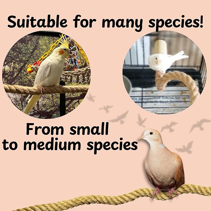 Bird Rope Perch for Parrots, Bendable Natural Jute Boing with Pine Wood and Stainless Steel Mount, Cotton Alternative, Cage Accessory for Parrots (Brown, 4 feet)