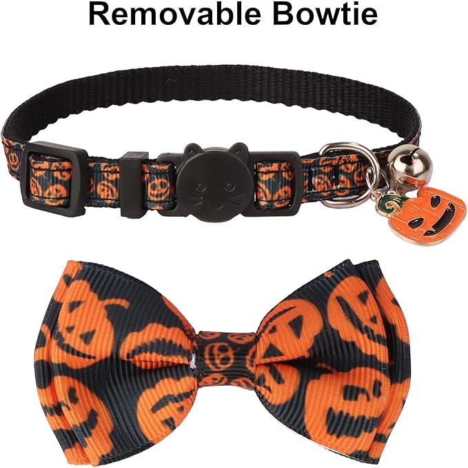 ADOGGYGO Halloween Cat Collars with Bow Bell, Black Orange Pumpkin Bowtie, Breakaway Halloween Collars for Cats Kittens