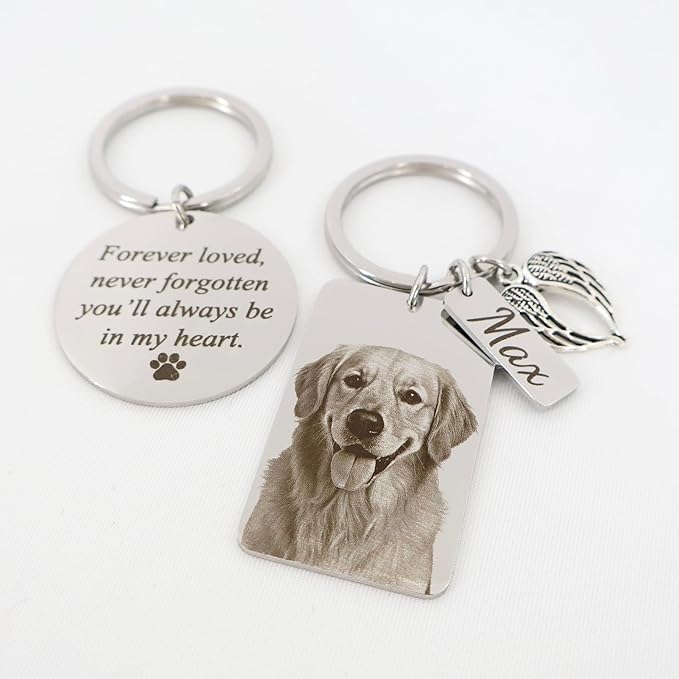 Custom Pet Portrait Keychain – Personalized Photo Engraved Keychain with Optional Back Text – Memorial Gift for Pet Lovers, Dog Owners, Cat Owners – Unique Pet Loss Remembrance Keepsake