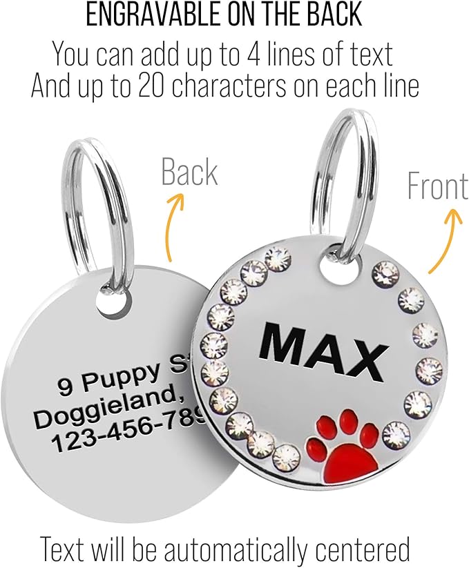 Paw Shape Dog ID Tag Stainless Steel Custom Laser Engraved, Cute Bling Glitter Pet Name Tags Personalized with Durable Engraving (Silver Round Crystals Paw)