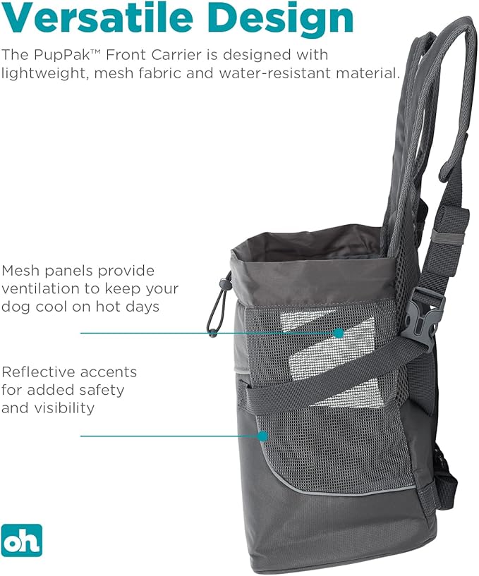 Outward Hound PupPak Dog Front Carrier, Medium, Grey – Hands-Free Hiking & Camping Pet Backpack for Small Pets up to 20 lbs, Padded Straps, Breathable Mesh, Water-Resistant, Safety Clip
