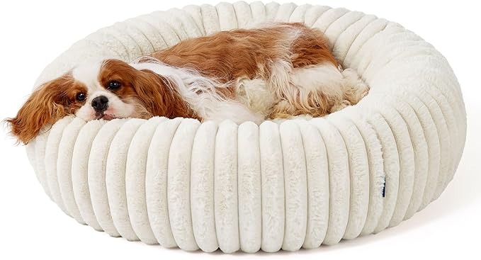 Bedsure ComfyFleece™ Donut Medium Dog Bed - Washable Faux Fur with Corduroy Fleece & Anti Slip Bottom, Round Pet Bed with Removable Cover, Cream, 30x30x8 inches