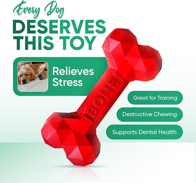 Natural Rubber Dog Chew Bone – Treat-Dispensing, Tough & Indestructible Chew Toy – Safe for Aggressive Chewers – Dental Health & Boredom Relief – (Red)