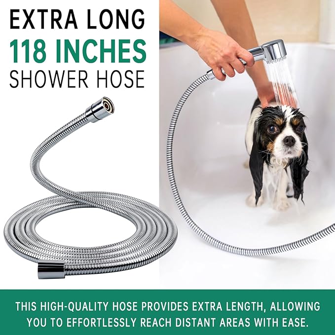 3 Mode Dog Shower Attachment, High Pressure Handheld Sprayer with ON/OFF Switch, Metal Shower Diverter, 118 Inches Stainless Steel Hose, No Drill Hook, for Indoor and Outdoor Pet Bathing and Washing