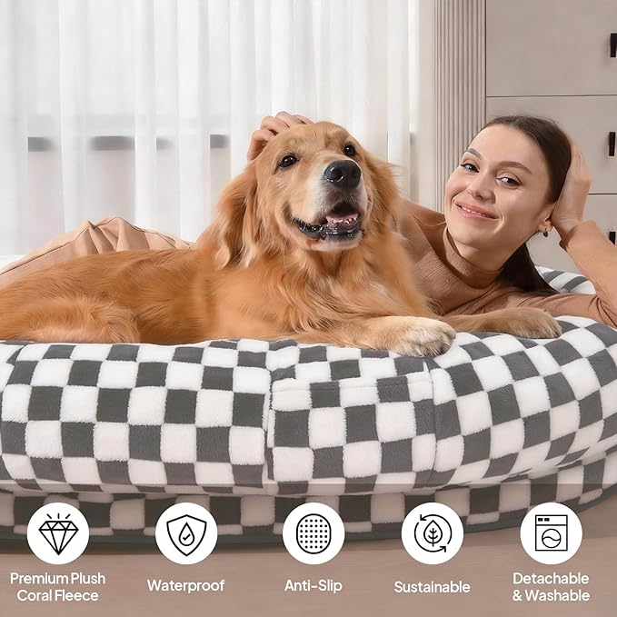 Human Dog Bed for Adults and Pets, 74"x50"x12" Plush Shared Bed, Waterproof & Machine Washable, Durable Anti-Slip Base with Portable Handle & Storage Pockets for Indoor Use, Dark Grey Grid