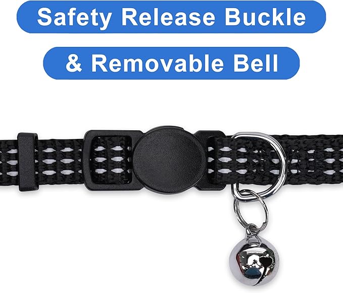 Pawtitas Reflective Black Cat Collar with Safety Buckle and Removable Bell for Kitten and Cats
