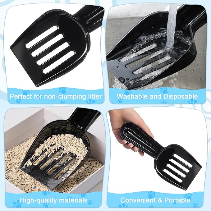 Bokon 6 Pack Disposable Cat Litter Scoop with Wide Slats Plastic Travel Kitty Poop Scooper for Cat Rescue Center Temporary Use When Traveling with Pets(Black)