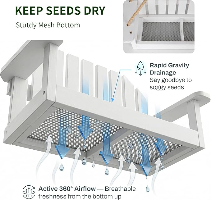 Solution4Patio White Swing Bird Feeder, Squirrel-Proof Metal Mesh Tray with Bench Design, High-Capacity Rust-Resistant Hanging Bird Feeder for Porch & Yard Décor – Easy Fill & Clean
