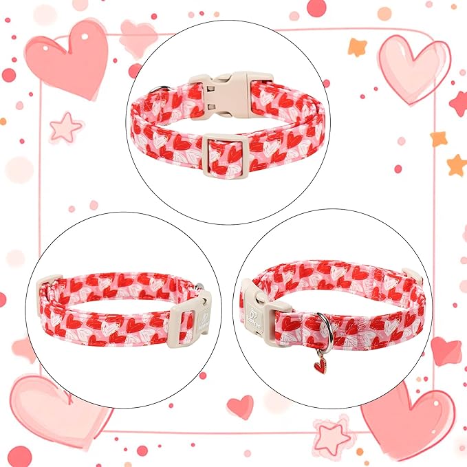 Valentines Dog Collar for Medium Dogs - Cute Pink Girl Dog Collar, Doodle Heart Pattern, Adjustable Valentine Dog Collars with Red Heart Charm M