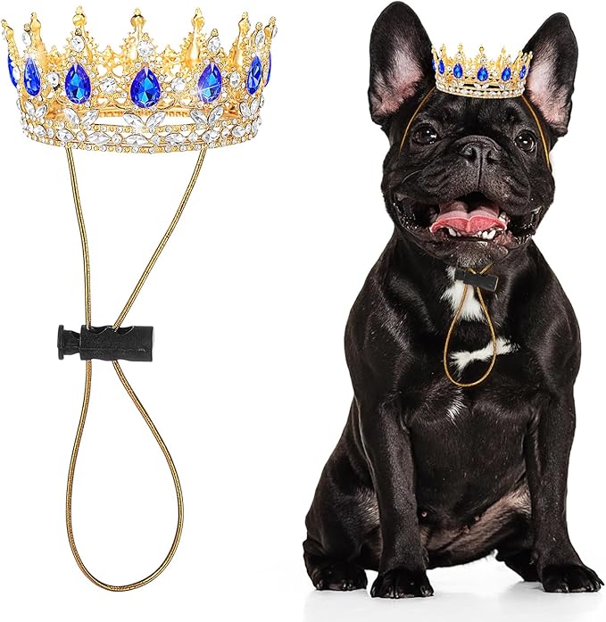 Abbylike Pet Rhinestone King Crown, Queen Crown for Birthday New Year Costume for Small Dog Cat Cosplay Party Accessories Adoption Celebration Wedding Birthday Photos Prop Costume(Blue,Medium)