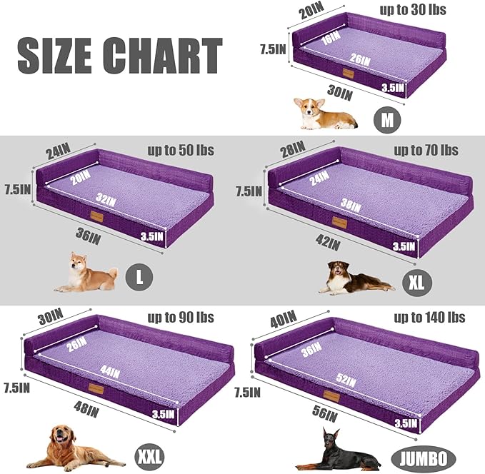 Patas Lague Orthopedic XL Dog Bed Large Sized Dog 42''X28'', Waterproof L Bolster Big Pet Sofa Beds with Removable Washable Cover, Soft Comfortable Pet Couch Crate Mat with Nonskid Bottom, Purple