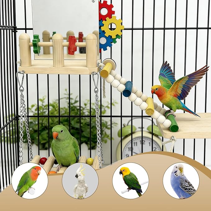 Bird Toys & Wooden Play Gym with Bird Mirror - Parakeet Toys & Cage Accessories for Cockatiels, Lovebirds, Budgies, Finch, Canaries