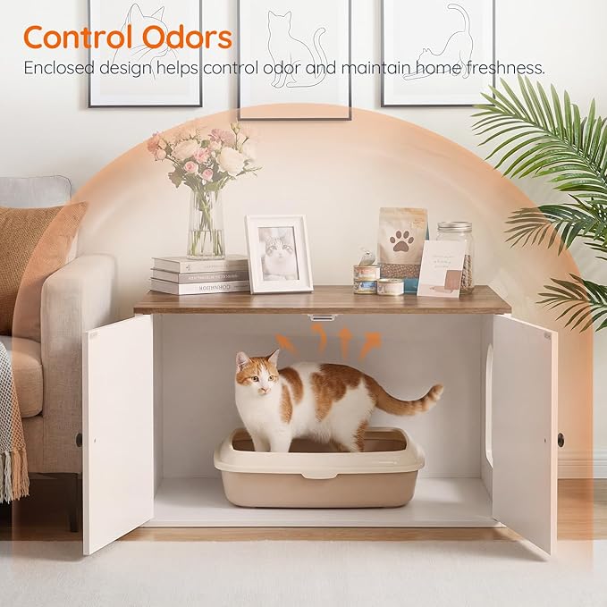 HOOBRO Cat Litter Box Enclosure, Hidden Litter Box Furniture with Side Entry, Litter Box Cabinet, Indoor Cat House, End Side Table, 31.5" L x 17.7" W x 16.3H, for Bathroom, White and Walnut WH40MW01